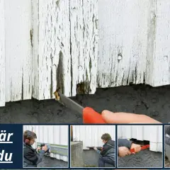 Renovering av ett funkishus från 40-talet. Bilderna visar hur man lagar vittrande träfasad, kapar brädor och monterar ny list.