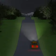 En gul bil kör på en mörk väg genom skogen. Bilens strålkastare lyser upp vägen. Vilka lampor ska lysa på bilen?