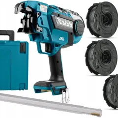 Niebieska wiązarka Makita z akcesoriami: walizka, szpule drutu i szczoteczka.