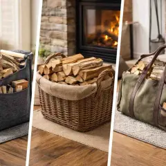Praktische Körbe und Taschen zum brennholz neben kamin lagern. Gemütliche Atmosphäre mit brennendem Kamin im Hintergrund.
