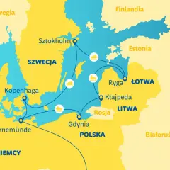 Mapa szlaków morskich Bałtyku: Dania, Szwecja, Finlandia, Estonia, Łotwa, Litwa, Polska, Niemcy, Norwegia. Rejsy między portami, np. Sztokholm, Kopenhaga, Gdynia, Ryga.