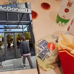 Nowości McDonald's: burger, frytki i napoje. Na ekranie zdjęcie wejścia do restauracji McDonald's w Chicago.