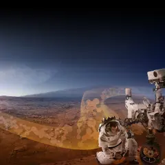 Astronaut bada marsjański krajobraz obok łazika, szukając śladów obce cywilizacje.