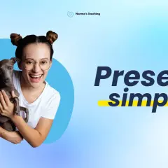 Ragazza sorridente con un levriero. Il testo "Present simple" appare in grande.