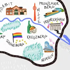 Mapa Berlina z zaznaczonymi dzielnicami, jak Kreuzberg, Friedrichshain, Neukölln, które bywają określane jako niebezpieczne dzielnice Berlina.