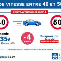 Excès de vitesse entre 40 et 50 km/h : amende de 135€, 4 points retirés, et rétention immédiate du permis. Un radar 50 km/h peut sanctionner ce type d'infraction.