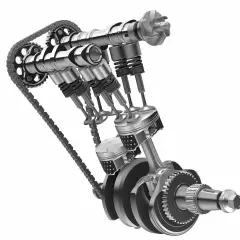 Mechanizm silnika z tłokami i wałkiem rozrządu, który steruje zaworami silnika samochodu.