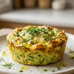 Un délicieux flan de courgettes, doré et garni d'herbes fraîches, servi sur une assiette blanche.