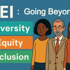 Illustration of three people representing diversity, equity, and inclusion, with text "DEI: Going Beyond".
