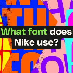 Bold, colorful letters and shapes form a vibrant background. A black speech bubble asks, "What font does Nike use?
