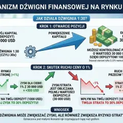 Lewar finansowy 1:30 pozwala kontrolować 30 000 USD z depozytem 1000 USD. Zysk 1% to 300 USD, strata 1% to 300 USD.