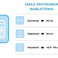 Mała zmywarka nablatowa: szerokość 55 cm, głębokość 50 cm, wysokość 43,8-60 cm. Nie ma informacji na jakiej wysokości odpływ do zmywarki.