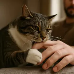 Gato atigrado muerde suavemente la mano de un hombre. Quizás se pregunta porque mi gato me muerde.