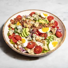 Ein üppiger Cobb Salad deutsch mit Hähnchen, Speck, Ei, Avocado, Tomaten und Blauschimmelkäse.