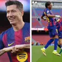 Robert Lewandowski świętuje dublet, a obok dwaj piłkarze Barcelony w skoku radości.