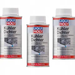 Trzy puszki uszczelniacza do chłodnic Liqui Moly, które skutecznie uszczelniają drobne wycieki w układzie chłodzenia.