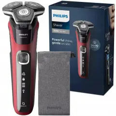 Czerwono-czarna golarka Philips 5000 Series z etui i pudełkiem.