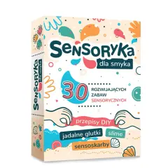 Opakowanie gry "Sensoryka dla smyka" z hasłami "30 rozwijających zabaw sensorycznych", "przepisy DIY", "jadalne glutki", "slime", "sensoskarby".