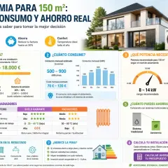 Infografía sobre aerotermia para 150 m², comparando costes, consumo y ahorro. Destaca el suelo radiante como opción eficiente.