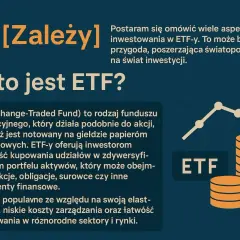 Co to jest ETF? Wyjaśnienie funduszy giełdowych, które oferują dywersyfikację i łatwość inwestowania. Grafika przedstawia rosnący wykres i stos monet.