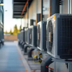 Rząd klimatyzatorów zewnętrznych, gotowych do chłodzenia budynku. Te urządzenia pracują na specjalnych gazach, zapewniając komfortowe warunki.