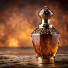 Elegancka butelka perfum z płynem o barwie bursztynu, ozdobiona złotymi detalami. To esencja zapachu oud, tajemnicza i bogata.