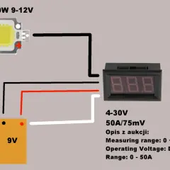 Schemat pokazuje, jak podłączyć amperomierz do LED 10W i baterii 9V. Amperomierz mierzy prąd w zakresie 0-50A.