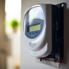 Un medidor inteligente, también conocido como smart meter, instalado en una pared.