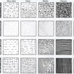 Ejemplos de texturas visuales: garabateado, puntillismo, tramado lineal y trama cruzada, con variaciones de claro a oscuro.
