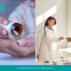 Leczenie psychiatryczne a praca: lekarz przekazuje pacjentowi receptę, a w tle widać dłoń z tabletkami.