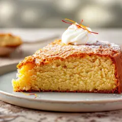 En bit saftig saffranskladdkaka utan vit choklad, toppad med vispgrädde och saffransstrån.