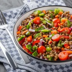 Un'insalata di lenticchie colorata e fresca, con pomodorini, peperoni, cipolla rossa e carote. Servita in una ciotola bianca, accanto a posate d'argento su un tovagliolo a quadri blu.