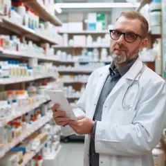 Farmaceuta w okularach przegląda dokumentację, szukając rozwiązań dla problemów z atopowym zapaleniem skóry.