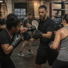 A boxing coach trains a woman, demonstrating what weight is middleweight. Other boxers train in the background.
