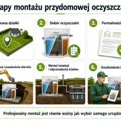 Schemat przedstawia etapy budowy przydomowej oczyszczalni ścieków: od oceny działki, przez dobór urządzenia, formalności, wykop, montaż, po uruchomienie i instruktaż.