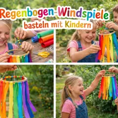 Kinder basteln bunte Regenbogen-Windspiele mit Stoffbändern und Perlen. Ein fröhliches DIY-Projekt für draußen.