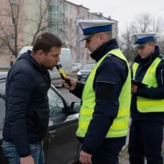 Policjant bada kierowcę alkomatem. Kontrola drogowa ma zapobiec jeździe pod wpływem alkoholu.