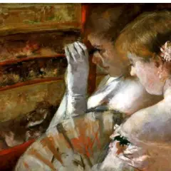 Two women in opera boxes, a classic scene from Mary Cassatt paintings, gaze out, one with a gloved hand to her face.