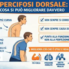 Ipercifosi dorsale: come correggerla? L'immagine mostra una schiena curva e una più funzionale, con focus su mobilità, forza e autonomia.