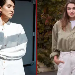 Dwie kobiety prezentują koszule oversize. Jedna w białej, druga w oliwkowej, obie w luźnych stylizacjach.
