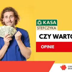 Mężczyzna z pieniędzmi w rękach na żółtym tle, logo Kasa Stefczyka i napis "Czy warto?".