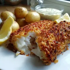 Krispigt panerad fisk med kokt potatis, citronklyftor och en krämig sås. En klassisk och god måltid.