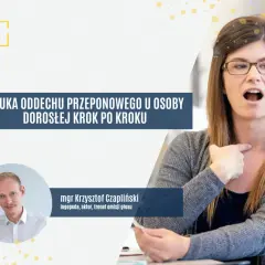 Kobieta demonstruje jak oddychać przeponą, wskazując na gardło. Obok zdjęcie logopedy, aktora, trenera emisji głosu.