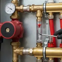 Ręka w rękawicy reguluje przepływ w instalacji grzewczej. Widoczna czerwona pompa i manometr mogą wskazywać na zapowietrzona pompa co objawy.