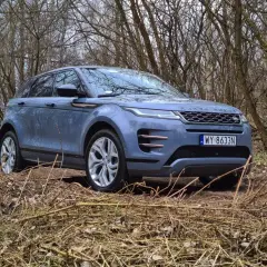 Niebieski Land Rover Evoque wjeżdża w leśną ścieżkę, otoczony suchymi gałęziami i drzewami.