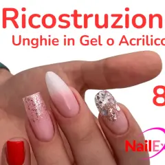 Scopri che forma dare alle unghie con ricostruzione in gel o acrilico. Unghie eleganti e curate, con glitter e sfumature. Prezzo 88€.