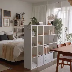 Gemütliches **Wohn und Schlafzimmer in einem Raum**, getrennt durch ein Regal. Ein Bett mit Decke und Kissen, daneben ein Nachttisch. Pflanzen und Deko schmücken das Regal.
