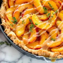 Une délicieuse tarte aux pêches, garnie de tranches de pêches juteuses, d'un glaçage crémeux et de quelques brins de thym frais.