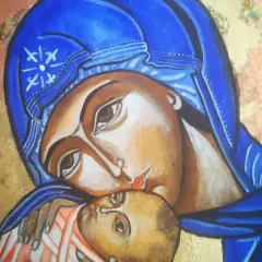 Ikona Matki Boskiej z Dzieciątkiem Jezus, w niebieskim welonie, na złotym tle.