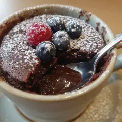 Chokladig mug cake med bär och florsocker. En sked dyker ner i den smältande chokladen.
